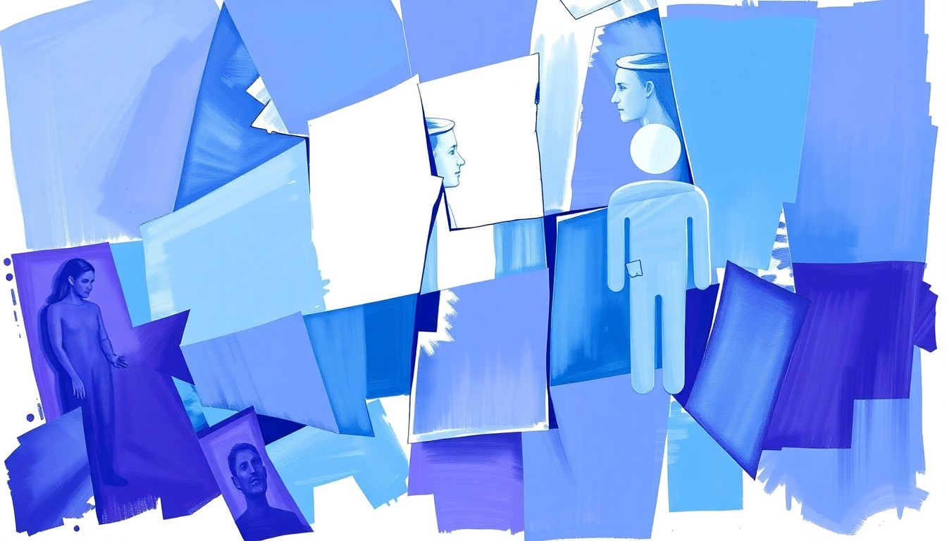 A vibrant, abstract painting featuring overlapping, geometric shapes in shades of blue and purple, conceptually representing the motion and tension of the legal debate over transgender rights in schools.