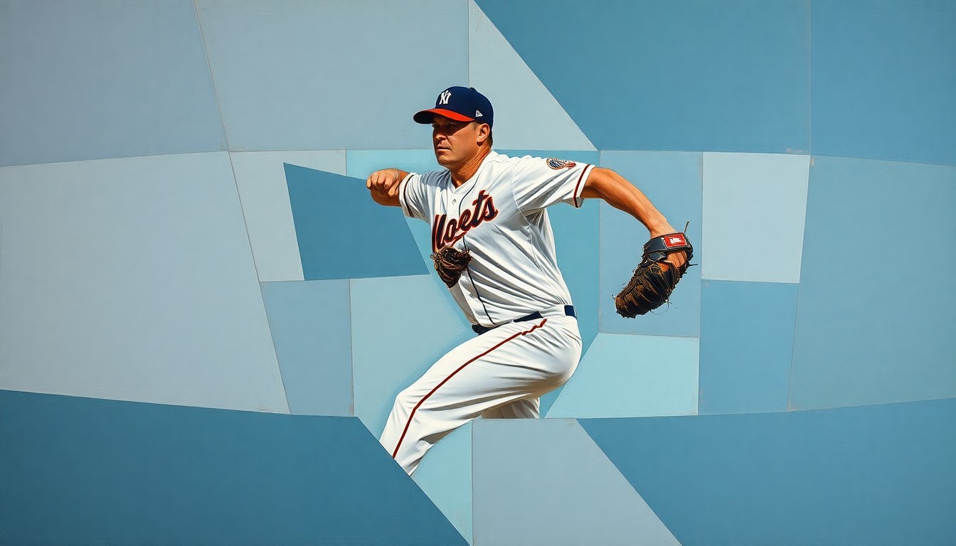 A fragmented, cubist-style painting depicting the motion of a baseball pitcher, with sharp geometric shapes in muted colors representing the complex movements of the windup and delivery.
