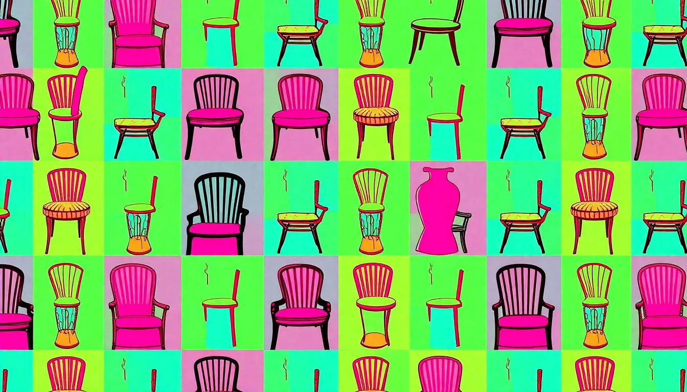 A high-contrast, silkscreen-style illustration featuring a repeating grid of an antique chair in vibrant neon colors, capturing the refined yet eclectic aesthetic of Gregga's Montecito home.