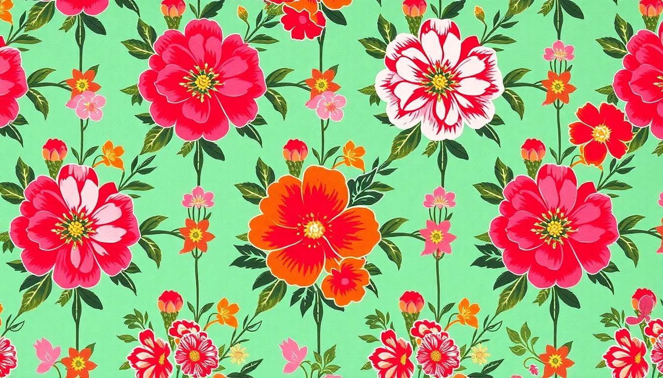 A bold, colorful silkscreen print featuring a repeating pattern of a vintage floral wallpaper design, conceptually representing the vibrant and whimsical design elements found throughout the historic Milwaukie estate.