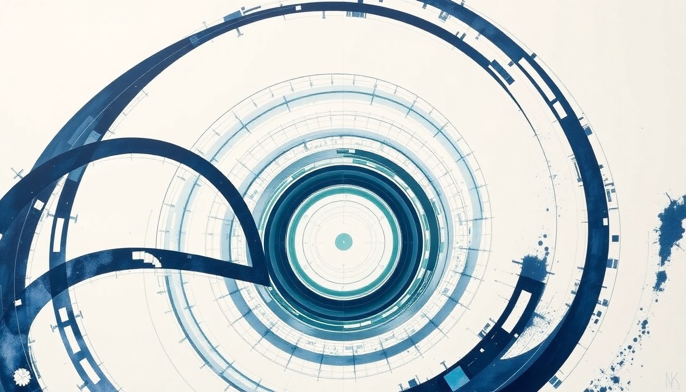 An abstract, highly structured painting in muted tones of blue, green, and grey, featuring sweeping geometric arcs, concentric circular forms, and precise technical spirals, conceptually representing the scale and precision of Blue Origin's space facilities on Merritt Island.