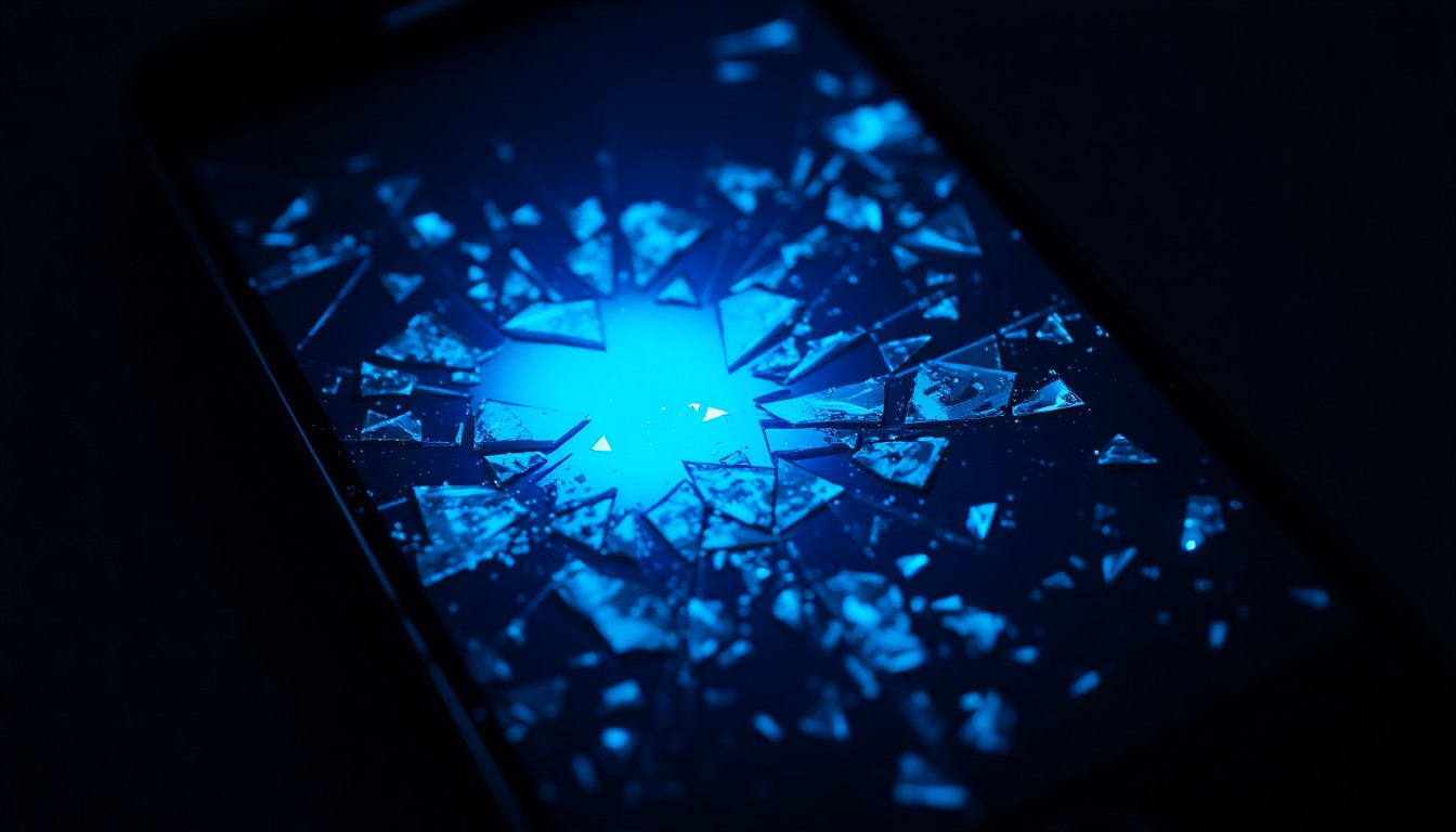 An extreme close-up photograph of a shattered cell phone screen reflecting a faint blue light, conveying the aftermath and emotional impact of a domestic violence incident through an abstract, conceptual visual.