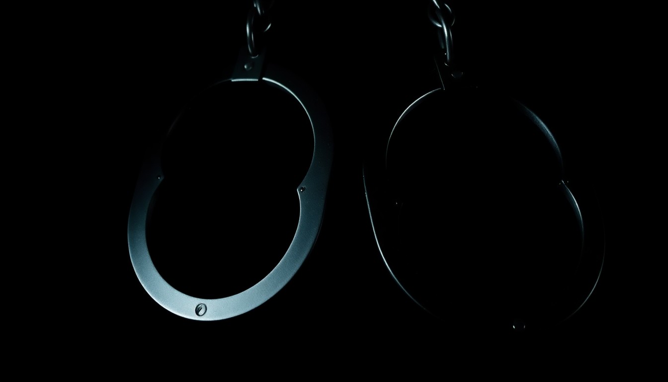 An extreme close-up of a pair of metal handcuffs against a pitch-black background, creating a stark, gritty, investigative visual metaphor for a criminal investigation.
