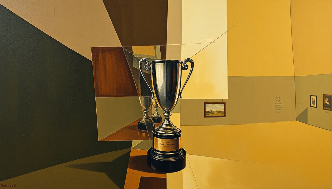 A fragmented, geometric painting depicting a historic golf trophy displayed on a museum mantle, with the trophy and its surroundings broken down into sharp, overlapping planes of muted earth tones.