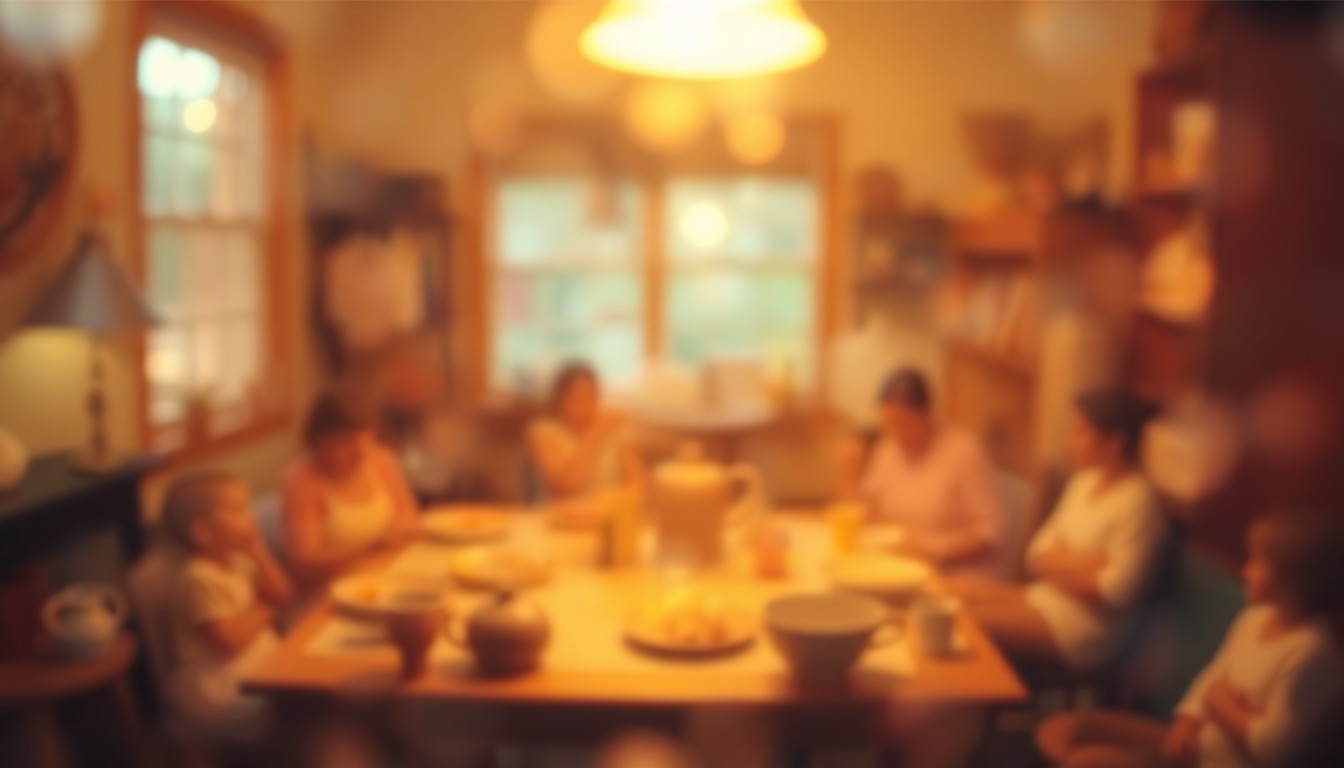 An abstract, impressionistic scene of blurred, overlapping shapes and pools of soft, warm color, evoking the cozy, nostalgic atmosphere of a ceramics studio, jigsaw puzzle table, or family gathering.