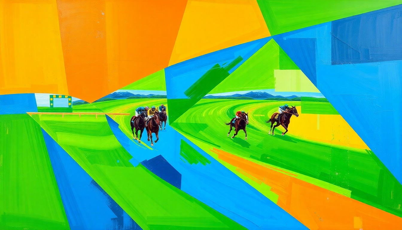 A fragmented, geometric painting featuring overlapping planes of bright green, blue, and orange, conceptually representing the fast-paced action of a horse race.