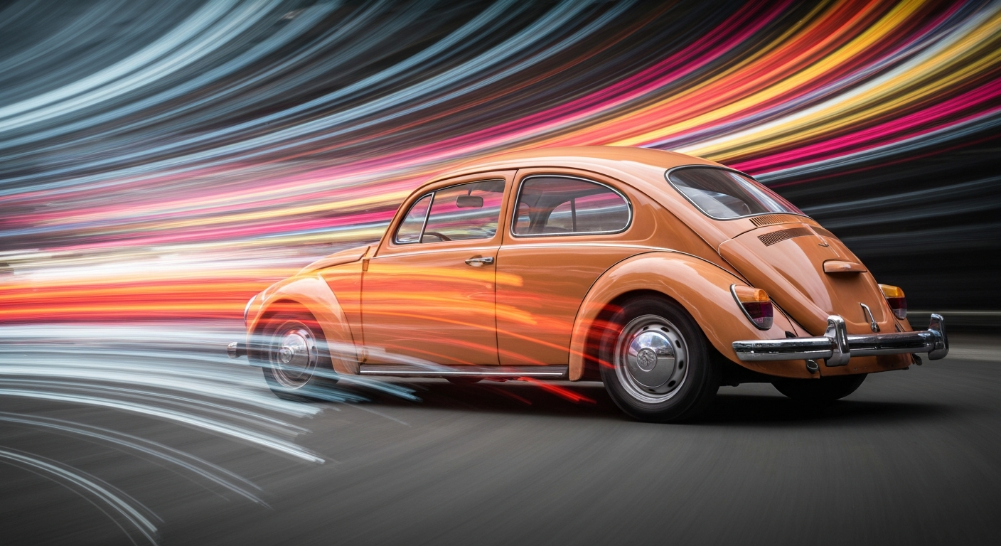 A blurred, abstract image of a classic Volkswagen Beetle in motion, with streaks of bright colors representing the speed and energy of the vehicle.