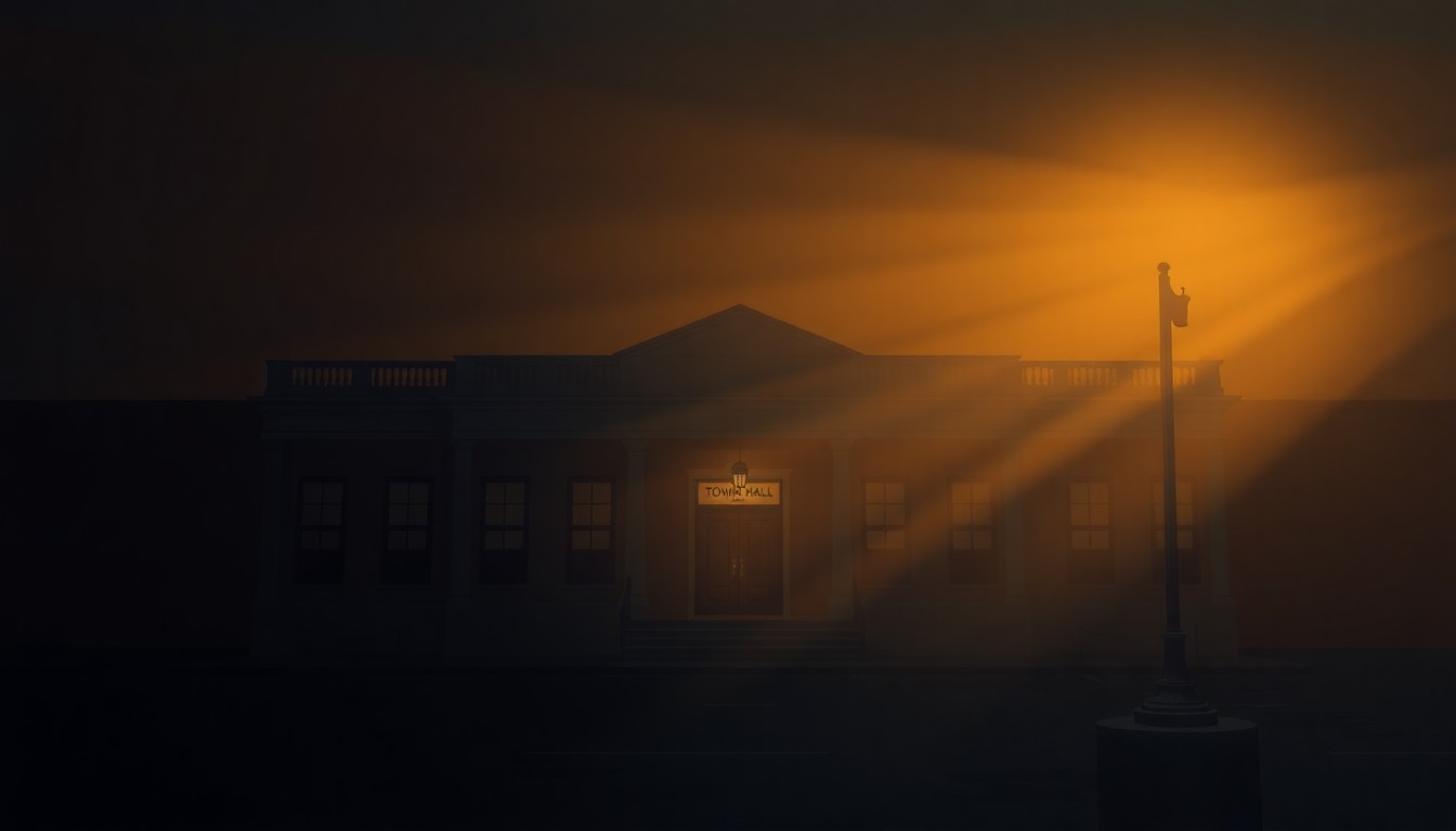 A serene, photorealistic painting of an empty town hall or municipal building, with warm sunlight streaming through the windows and deep shadows across the facade, conveying a sense of quiet contemplation about the future of local government.