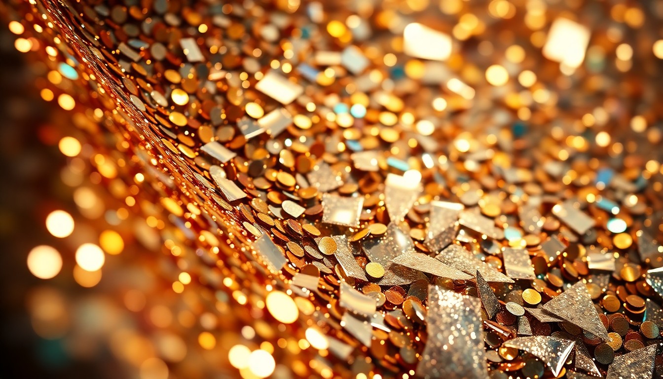 An abstract close-up photograph featuring shimmering sequins and shattered glass, conveying the glamour and energy of a festive Jewish cultural event.