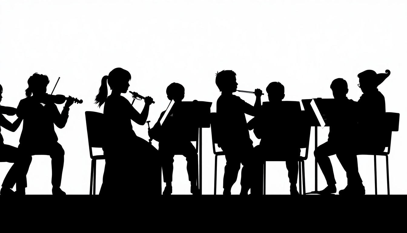 A striking abstract composition of jagged black shapes and bold red and white colors, representing the energy and artistry of a youth orchestra performance.