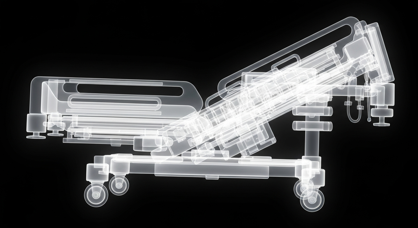 A translucent, ghostly X-ray image revealing the internal structure of a hospital bed, with glowing lines and shapes representing the advanced medical equipment and technology used in the emergency department.