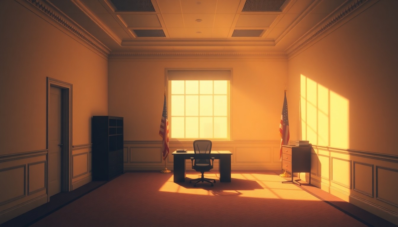 A cinematic painting of an empty government office space with a lone desk and chair in the center, the room bathed in warm, diagonal sunlight and deep shadows, conceptually representing the political and legal battles over trade policy.