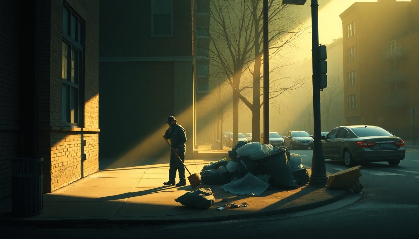 A photorealistic painting of a lone sanitation worker sweeping up piles of illegally dumped trash on a quiet urban street, the scene bathed in warm, dramatic lighting that casts long shadows across the pavement.