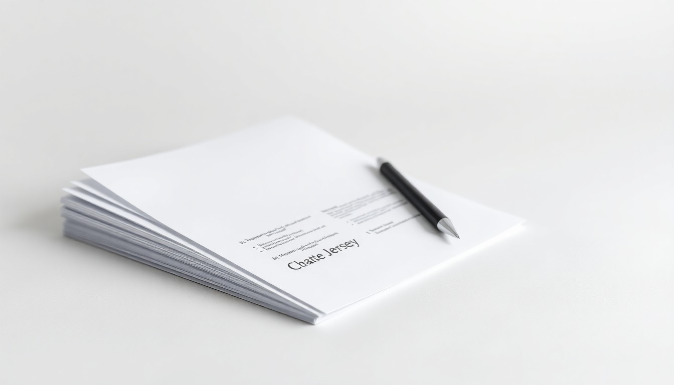A minimalist studio still life photograph featuring a stack of business documents and a pen on a clean, monochromatic background, conceptually representing the financial challenges facing New Jersey companies.