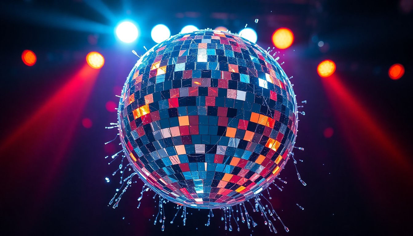 An abstract close-up photograph of sparkling stage lights reflecting off shattered glass, creating a high-contrast, high-fashion aesthetic that evokes the energy and glamour of a live country music performance.