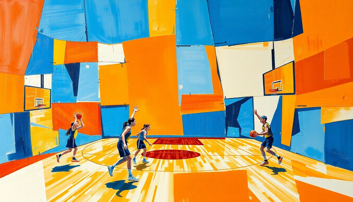A dynamic, cubist-inspired illustration depicting the movement and energy of a girls' basketball game, with players and the court fragmented into overlapping geometric shapes in bright, contrasting colors.