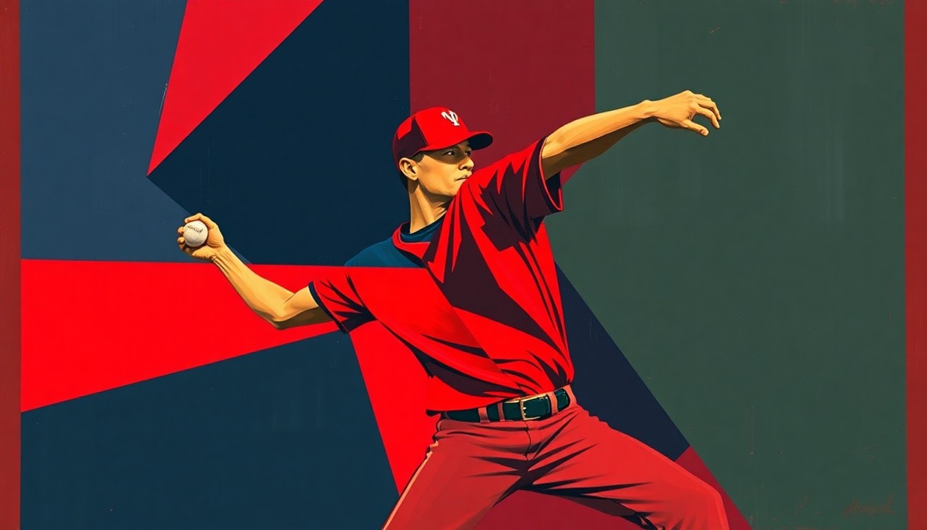 A fragmented, geometric painting depicting a baseball pitcher's throwing motion, with sharp planes of color representing the various movements and forces involved.