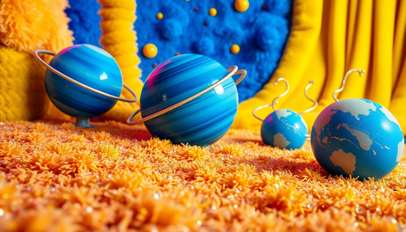 An abstract close-up photograph of vibrant cosmic-themed theater decor elements, including fuzzy planet-shaped carpeting, chunky blue planet sculptures with spiraling wires, and bold yellow and blue color accents, all captured in dramatic high-contrast studio lighting to evoke a sense of glamour and spectacle.