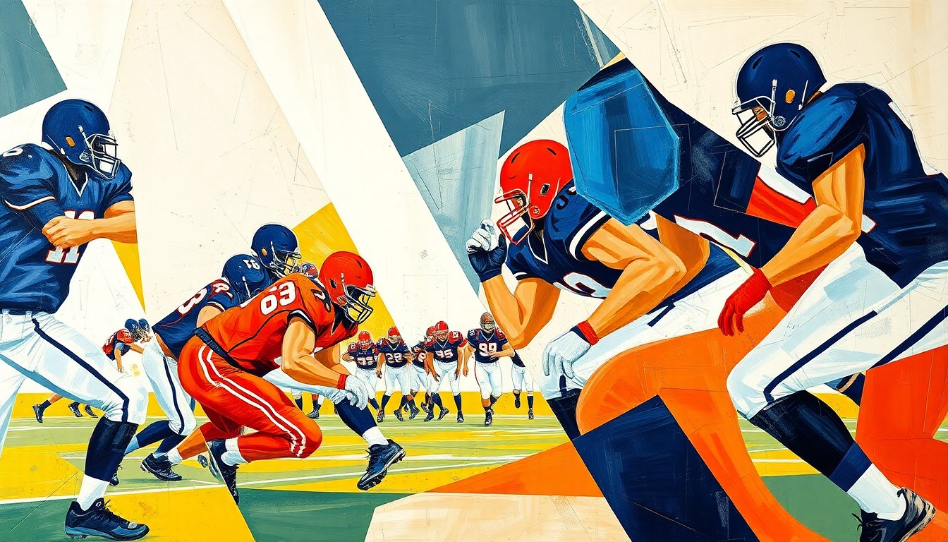 A cubist, geometric painting depicting the abstracted forms of high school football players in motion, with the team colors of navy blue, orange, and white as the primary visual elements.