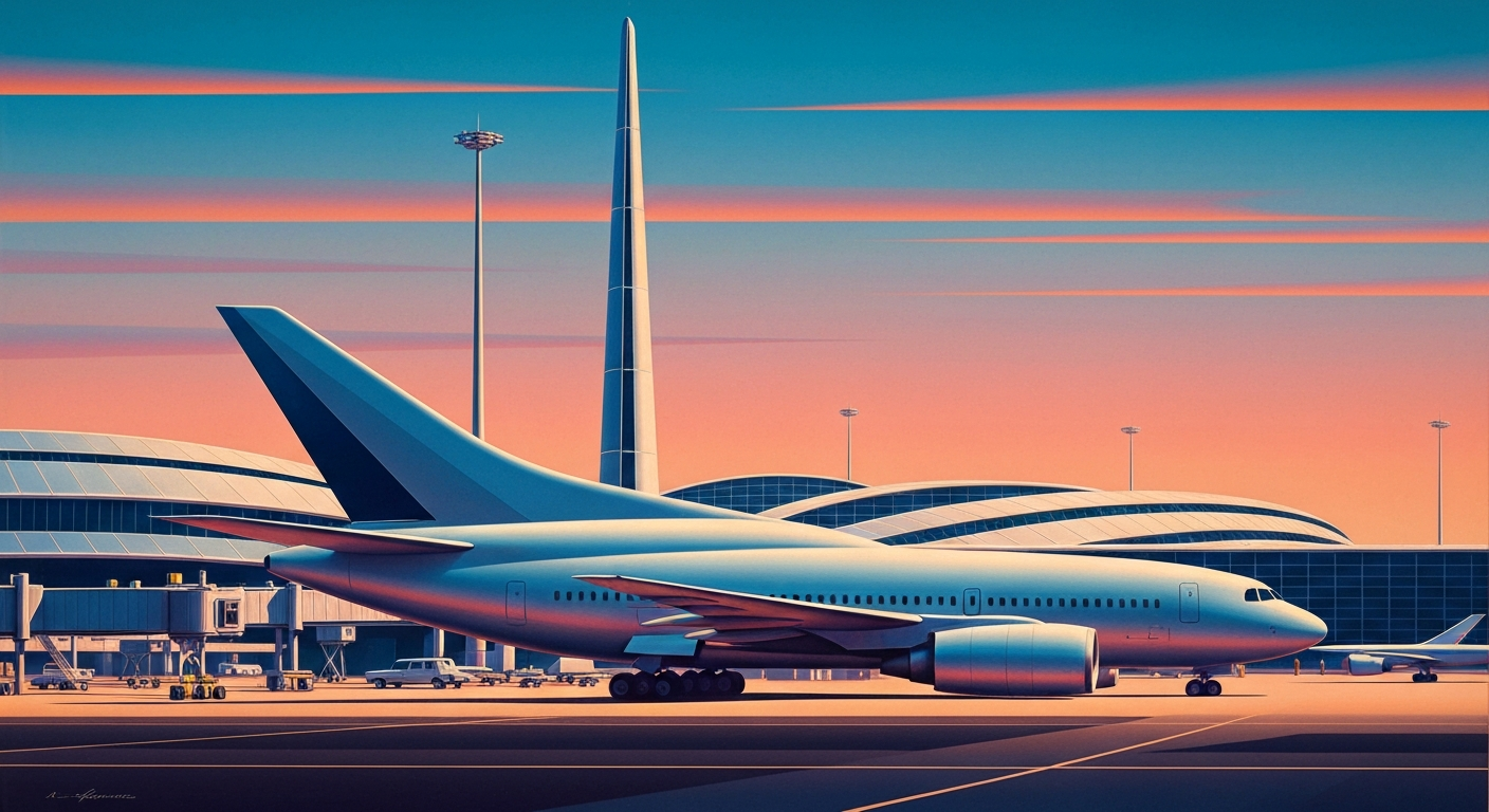 A bold, geometric illustration in the Art Deco style, depicting the sweeping, monumental architecture of an airport terminal with sleek, streamlined forms and smooth gradients, conceptually representing the scale and grandeur of air travel.