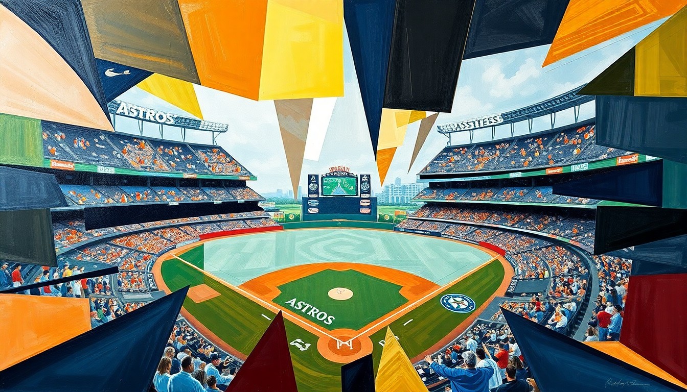 A cubist, geometric painting depicting a baseball game between the Houston Astros and Seattle Mariners, with the players and field broken down into overlapping angular shapes and planes in a vibrant color palette.
