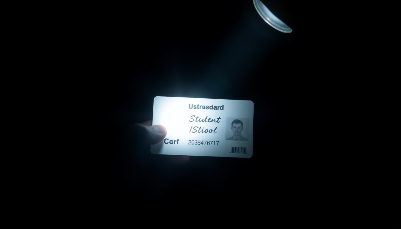 An extreme close-up photograph of a crumpled student ID card or other school-related object, lit by a harsh, direct camera flash against a pitch-black background, creating a stark, gritty, investigative aesthetic that conceptually represents the serious allegations against a student at Fairfax High School.