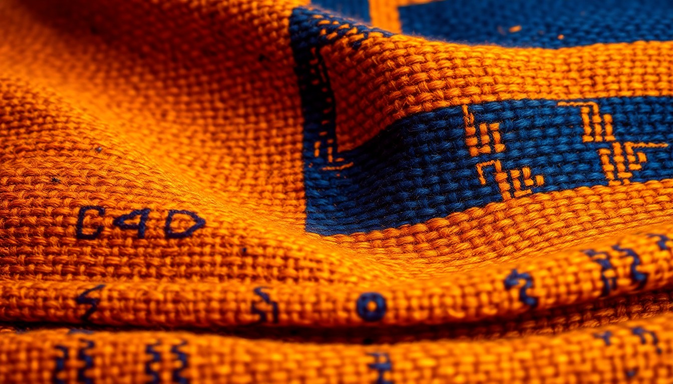 An extreme close-up photograph of a richly textured African fabric in earthy tones, highlighting the intricate, handcrafted details through dramatic studio lighting.