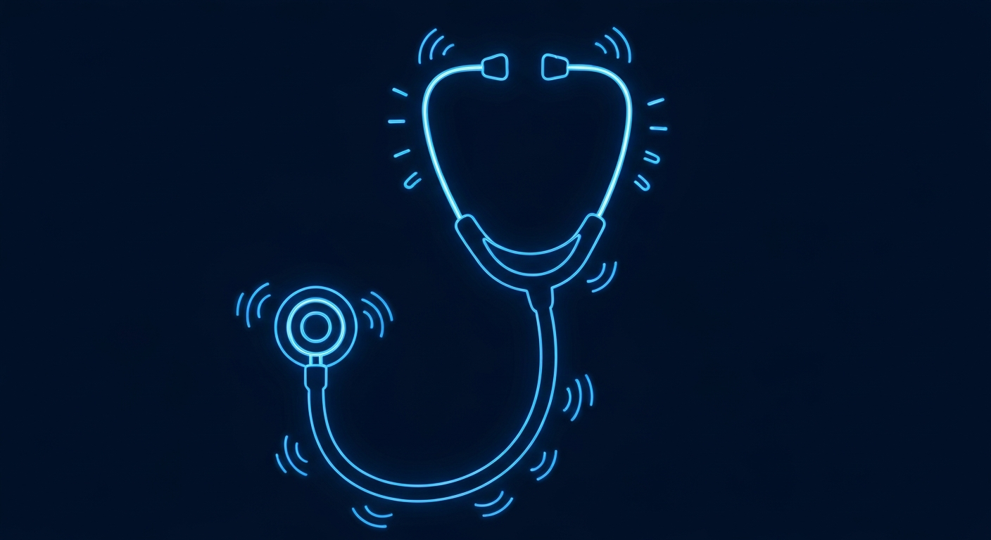 A minimalist illustration of a glowing neon medical stethoscope, representing the free healthcare services offered at the Remote Area Medical clinic in Ashtabula.