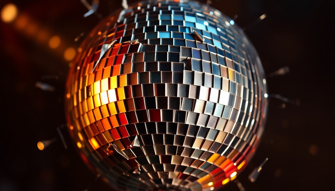 An abstract close-up image of shattered glass reflecting a dazzling array of light, conveying the emotional intensity and visual poetry of the film 'Mother Mary'.