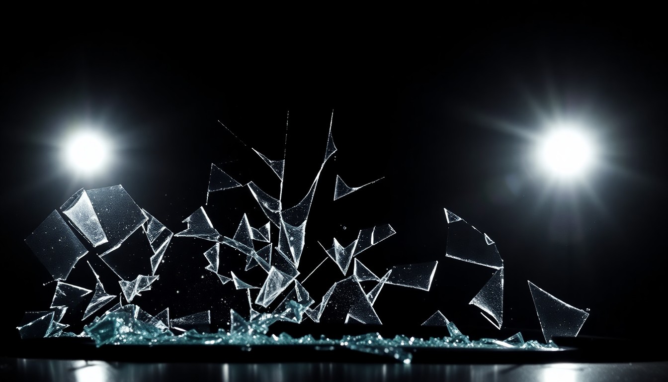 An extreme close-up photograph of a shattered car windshield, the jagged glass fragments conceptually representing the devastation caused by a deadly DUI crash.
