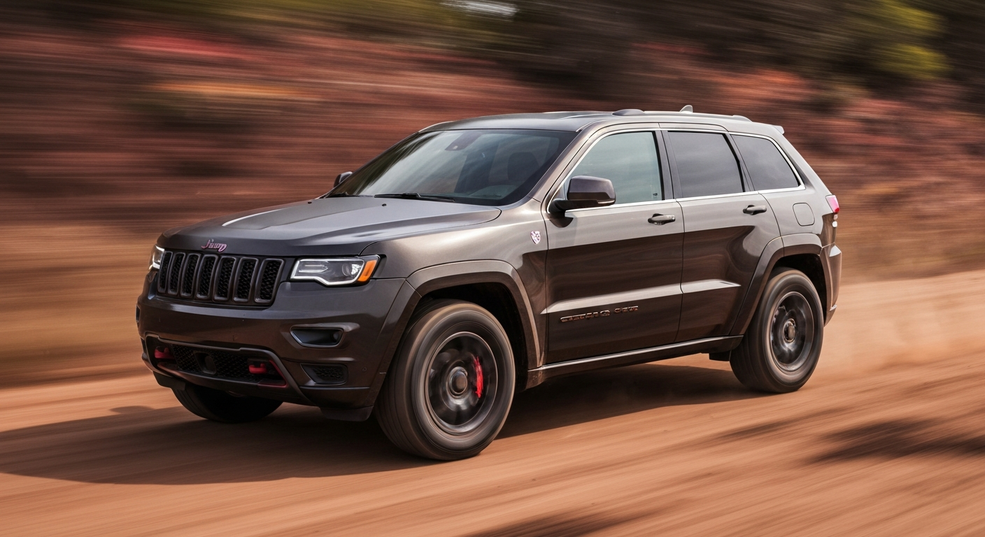 An abstract, blurred image of a Jeep Grand Cherokee Trailhawk SUV speeding down a dirt road, with vibrant streaks of color representing the vehicle's power and off-road capability.