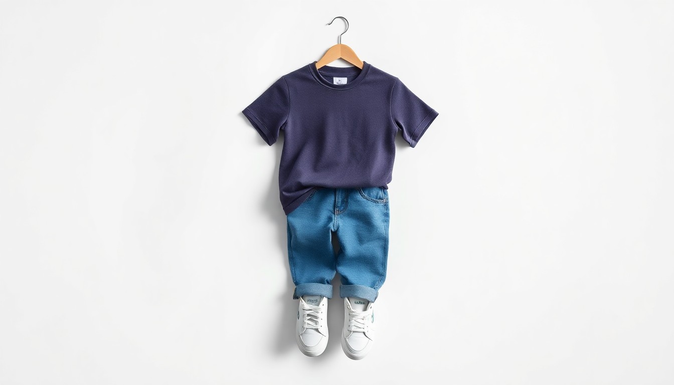 A high-end, photorealistic studio still-life photograph featuring a neatly arranged set of children's clothing items - a small t-shirt, a pair of jeans, and a pair of sneakers - all made from premium fabrics and materials, placed on a clean, monochromatic seamless background with sharp, dramatic studio lighting and deep shadows.