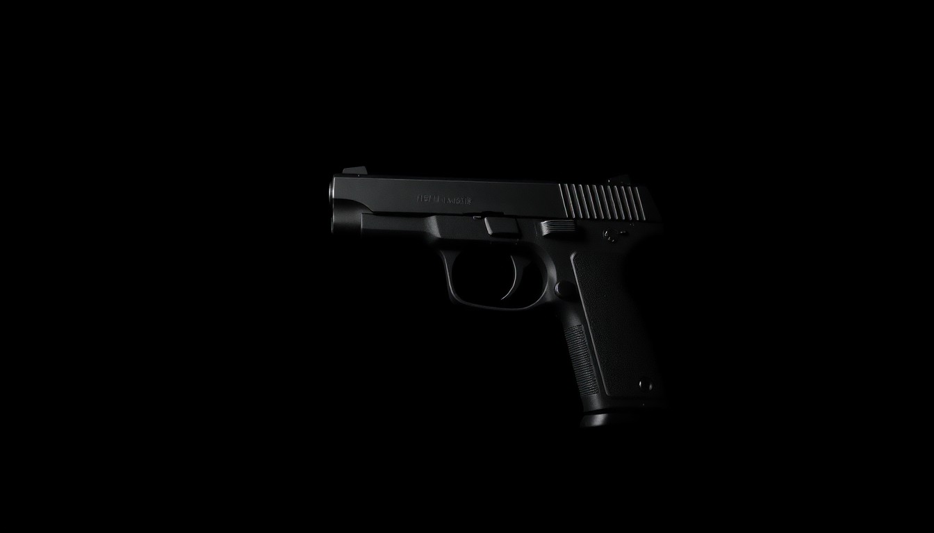 An extreme close-up photograph of a handgun against a pitch-black background, lit by a harsh, direct camera flash, conveying the investigative nature of the crime without depicting any violence.