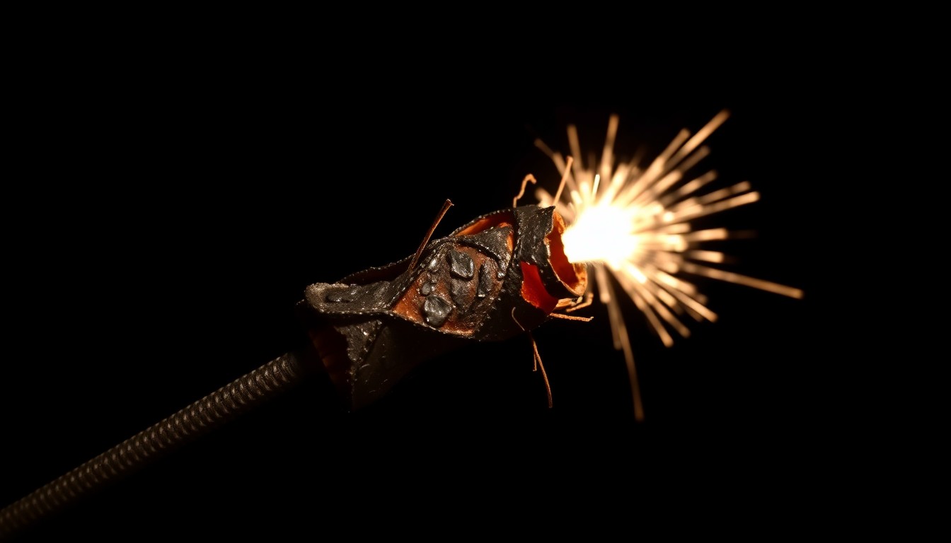 An extreme close-up photograph of a charred, twisted metal fireworks casing against a pitch-black background, conceptually illustrating the aftermath of the deadly explosion.