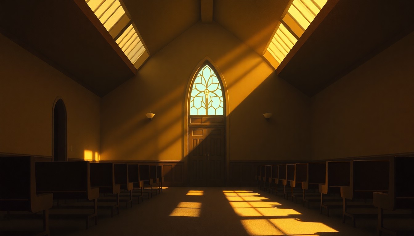 A serene, dimly lit chapel interior with wooden pews and an ornate altar, conveying a sense of solemnity and contemplation.