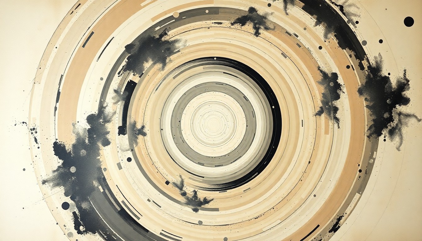 A bold, abstract painting in the style of Hilma af Klint, featuring sweeping geometric arcs, concentric circles, and precise spirals in earthy tones, conceptually representing the complex systems and forces involved in the Artemis II moon mission.