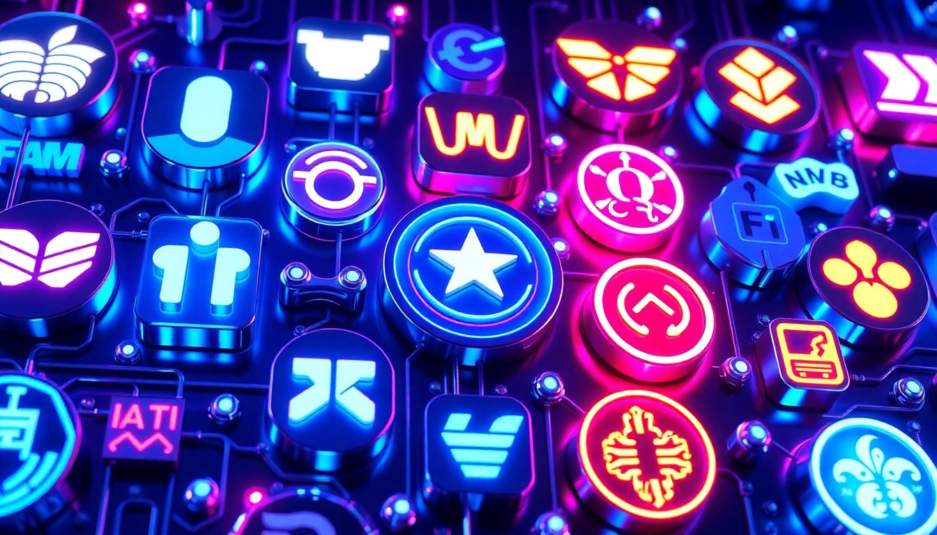 A highly detailed 3D illustration of glowing, neon-lit streaming service icons and logos, representing the interconnected digital infrastructure powering the modern streaming industry. The icons are rendered with intricate metallic textures, complex circuitry, and pulsing lights in a palette of cool blues, cyans, and purples.