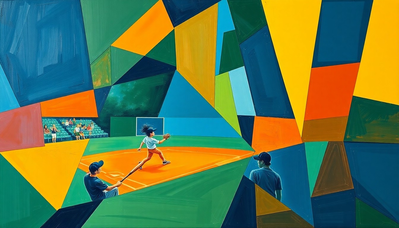 A cubist-style painting featuring overlapping geometric shapes and planes in navy, green, and orange, conceptually representing the fast-paced action and energy of a high school softball game.