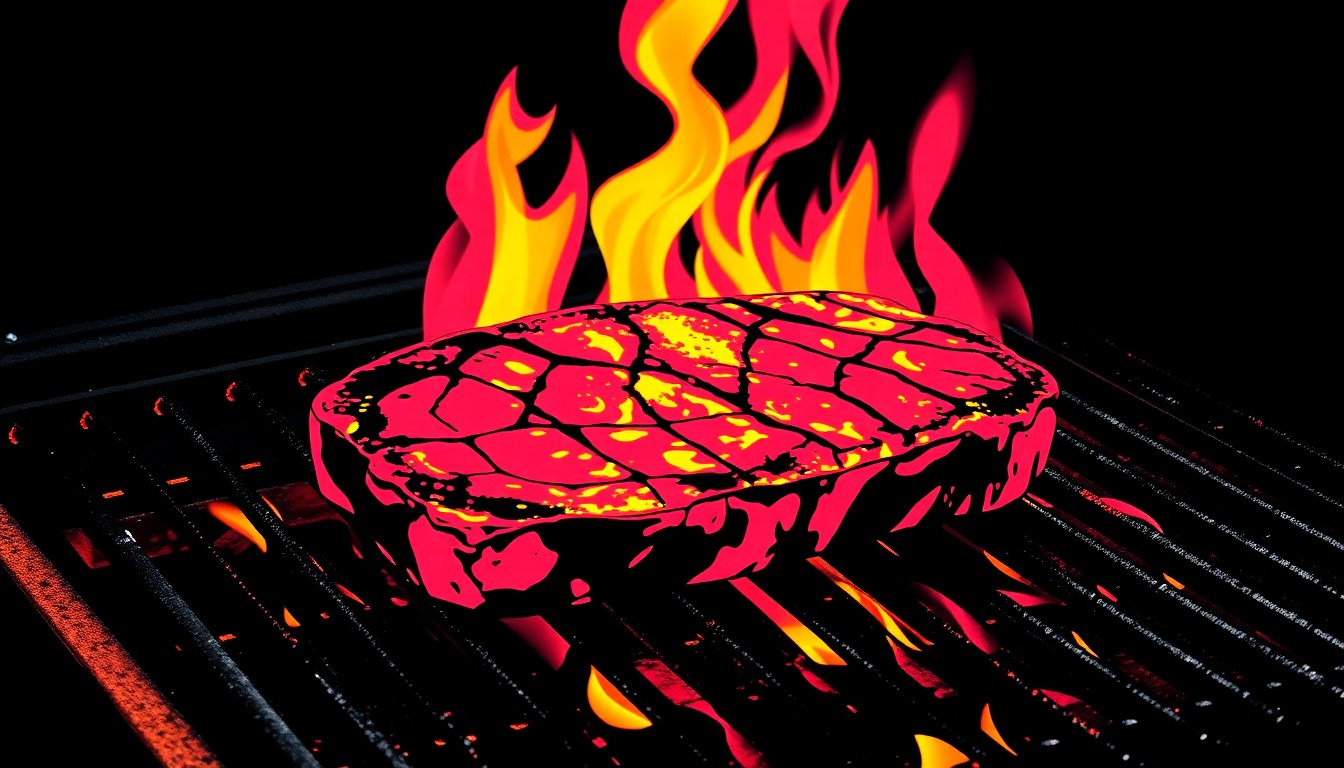 A highly stylized, pop art-inspired illustration of a sizzling Argentinian steak on a grill, repeated in a vibrant, neon-colored grid pattern with heavy black outlines, capturing the bold flavors and cozy ambiance of the new Palermo Argentinian Bistro location.
