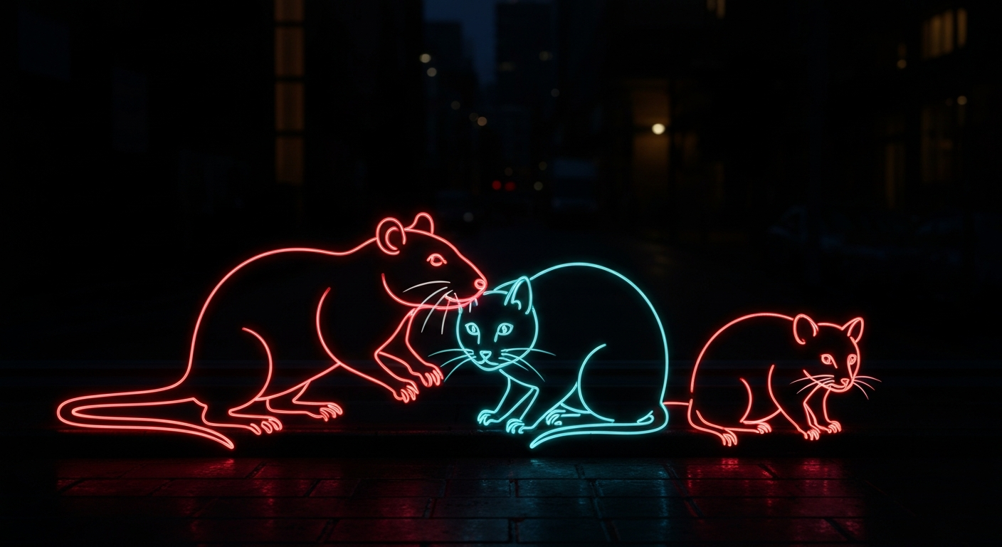 A minimalist design in the style of Keith Haring where the outlines of a rat, cat, and possum are defined by vibrant neon lines against a dark background, emphasizing the shapes of the animals that can carry infected fleas and spread flea-borne typhus.