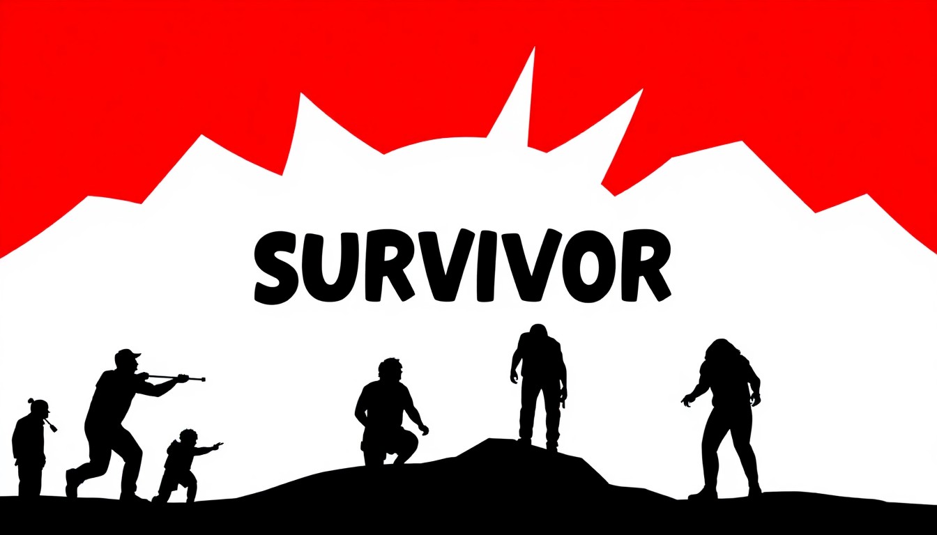 An extreme close-up of a shattered, reflective surface in bold red and white, conceptually representing the competitive drama and high stakes of the long-running Survivor reality TV series.