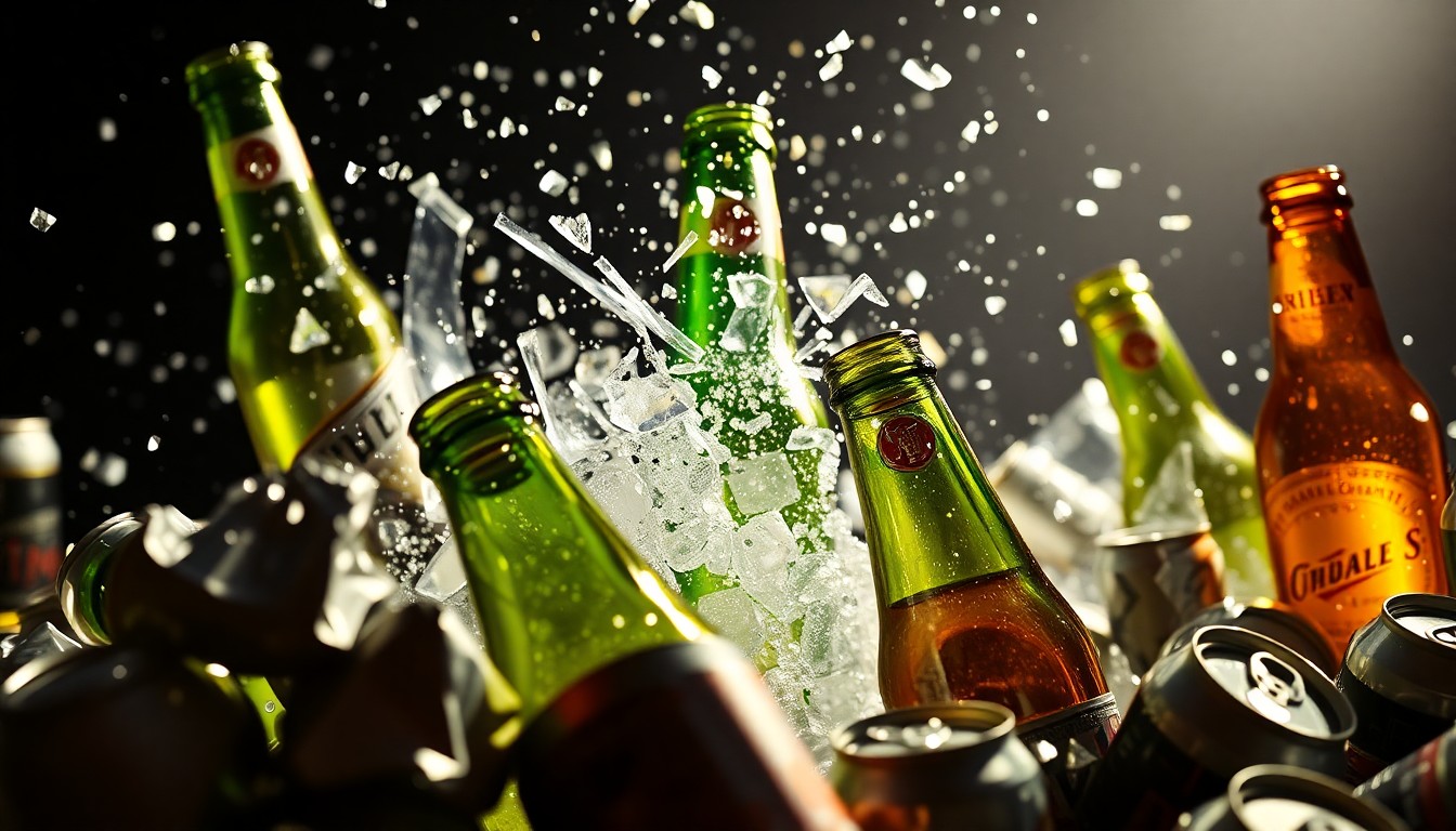An abstract close-up image of shattered glass beer bottles and crumpled aluminum cans, capturing the celebratory energy and ephemeral nature of the Coachella beer shotgun ritual through dramatic, high-contrast lighting and textures.
