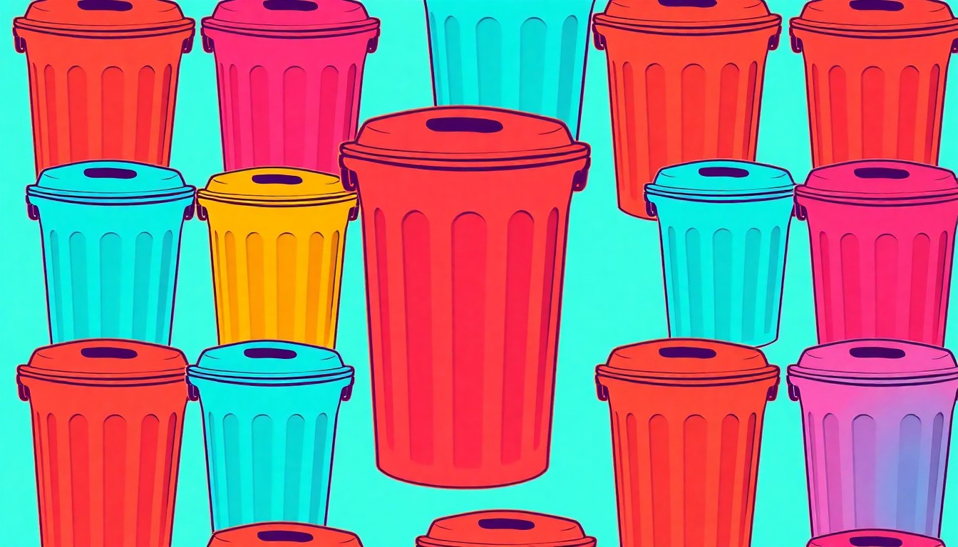 A bold, colorful silkscreen print featuring a repeating pattern of a stylized garbage bin in neon shades of green, pink, and blue, conceptually representing the frustration and disruption caused by the ongoing issues with Birmingham's waste management system.