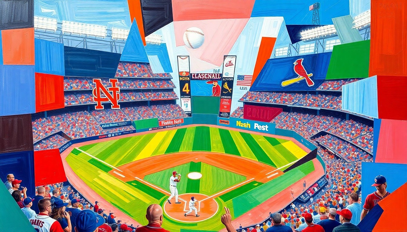 A fractured, multi-perspective painting in bold, geometric shapes and vibrant colors, representing the intense competition and strategic depth of a baseball game between the New York Mets and St. Louis Cardinals.
