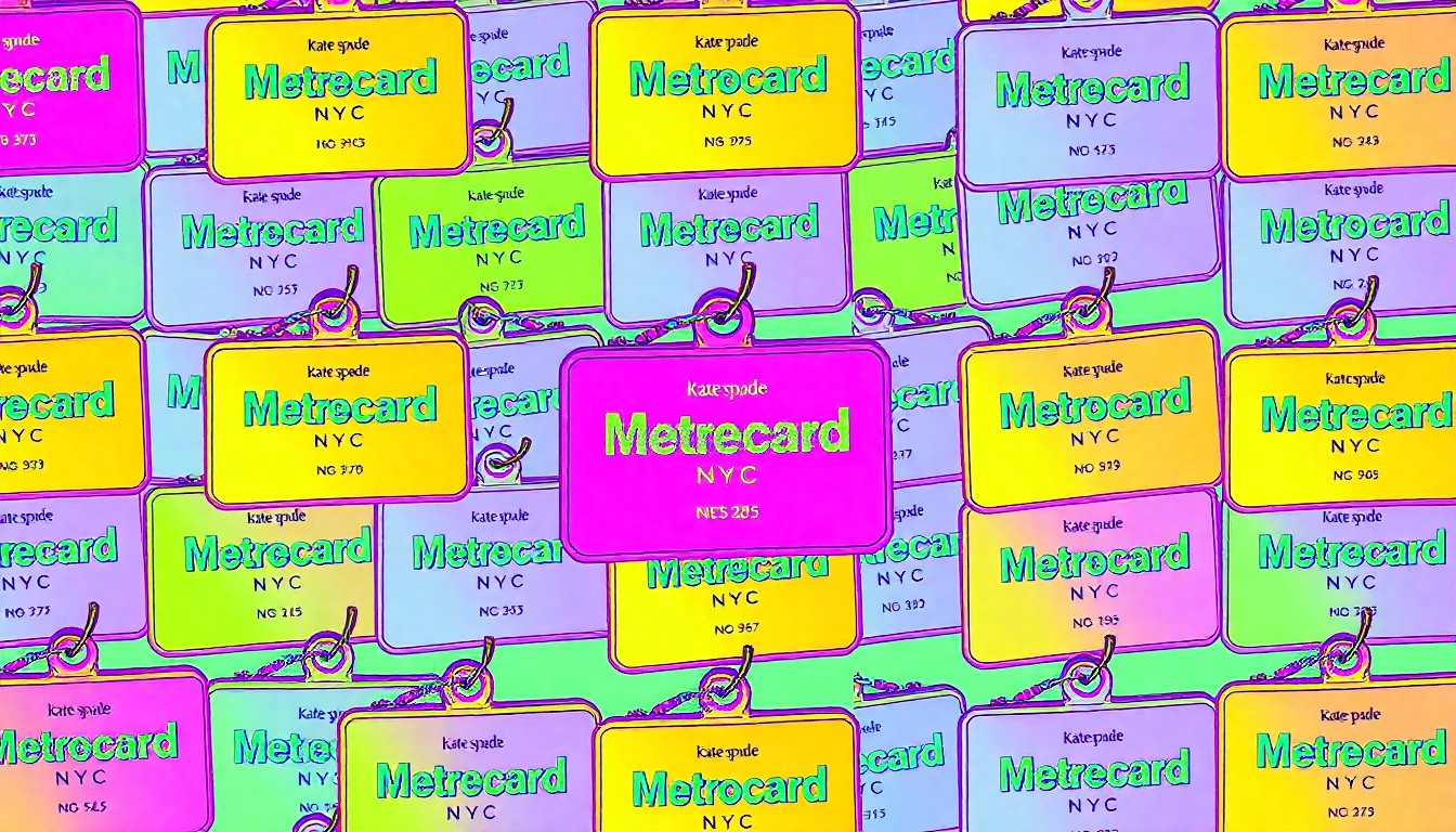 A high-contrast silkscreen print of a Kate Spade NYC MetroCard bag charm, repeated in a tight grid pattern in vibrant neon colors and heavy black outlines, conceptually representing the brand's celebration of iconic New York City style.