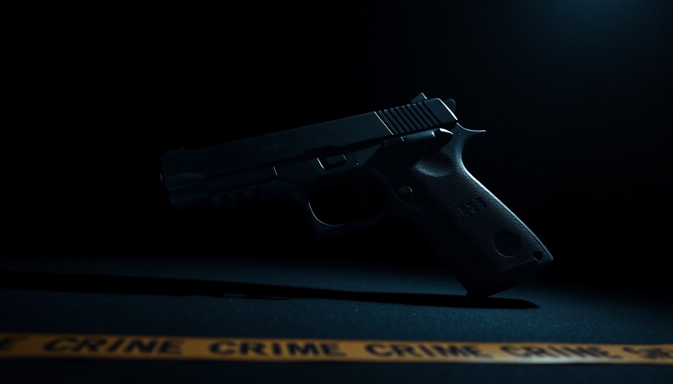 An extreme close-up photograph of a handgun, its metallic surface reflecting harsh light, conveying the serious and investigative nature of the incident.