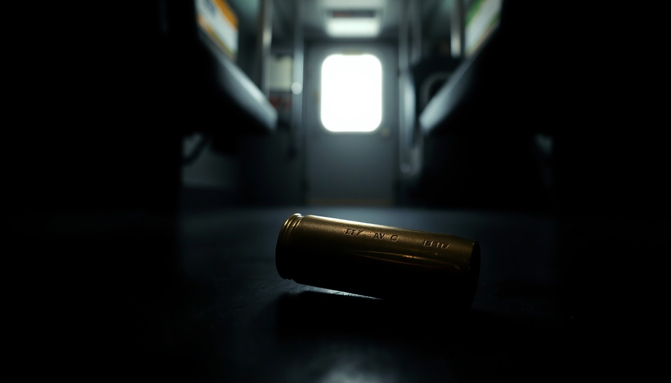 An extreme close-up photograph of a bullet casing on the floor of a bus, with a stark, gritty, investigative aesthetic created by harsh, direct lighting against a dark background, conceptually representing the aftermath of a shooting on public transit.
