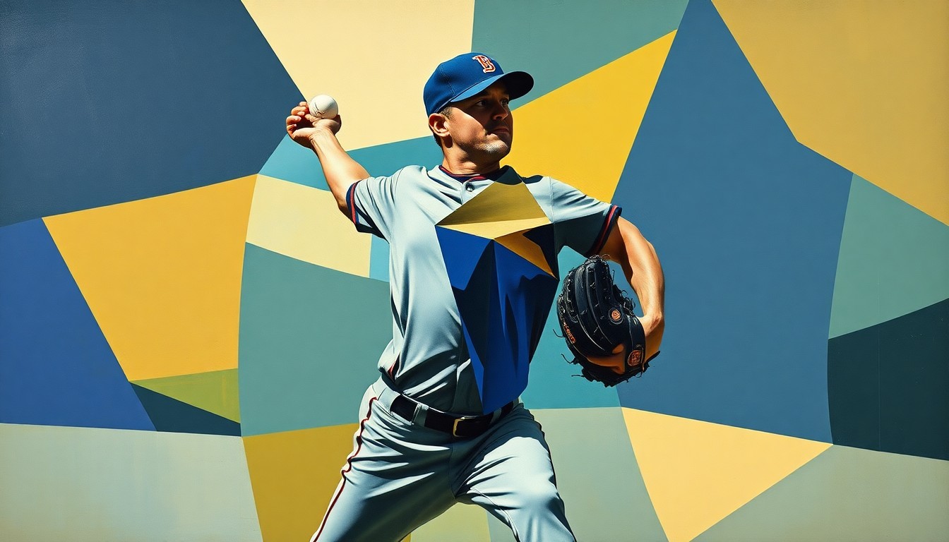 A fractured, multi-perspective painting in a cubist style, breaking down a baseball pitcher's delivery into sharp, overlapping geometric planes in a palette of deep blues, greens, and ochres.