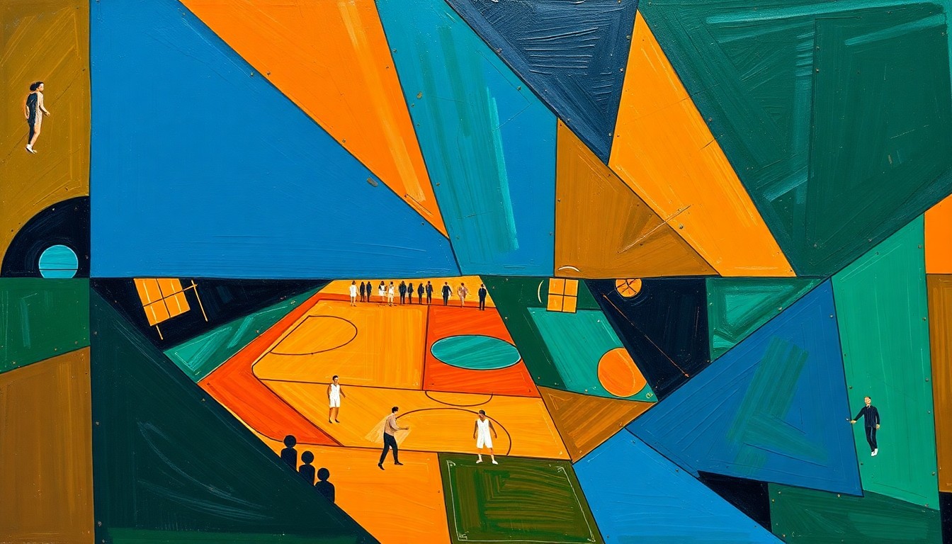 A fragmented, geometric painting depicting a basketball player in motion, their form broken down into overlapping planes of navy, green, and orange, conveying the raw athleticism and competitive spirit of the sport.