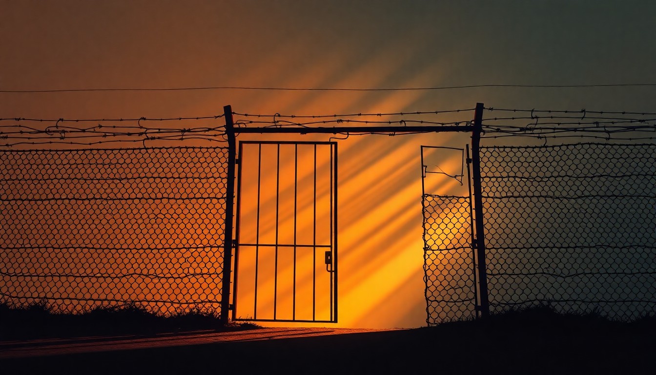 A serene, cinematic painting of a solitary barbed wire fence or prison gate, bathed in warm, diagonal sunlight and deep shadows, conveying a sense of quiet melancholy and the lasting impact of Vedam's wrongful imprisonment.